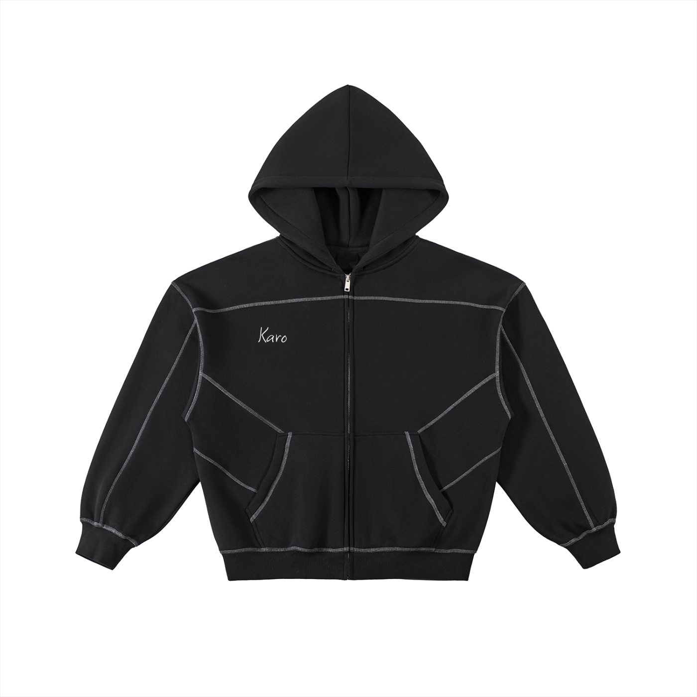 Karo Contrast-Stitched Boxy Fleece Zip Hoodie